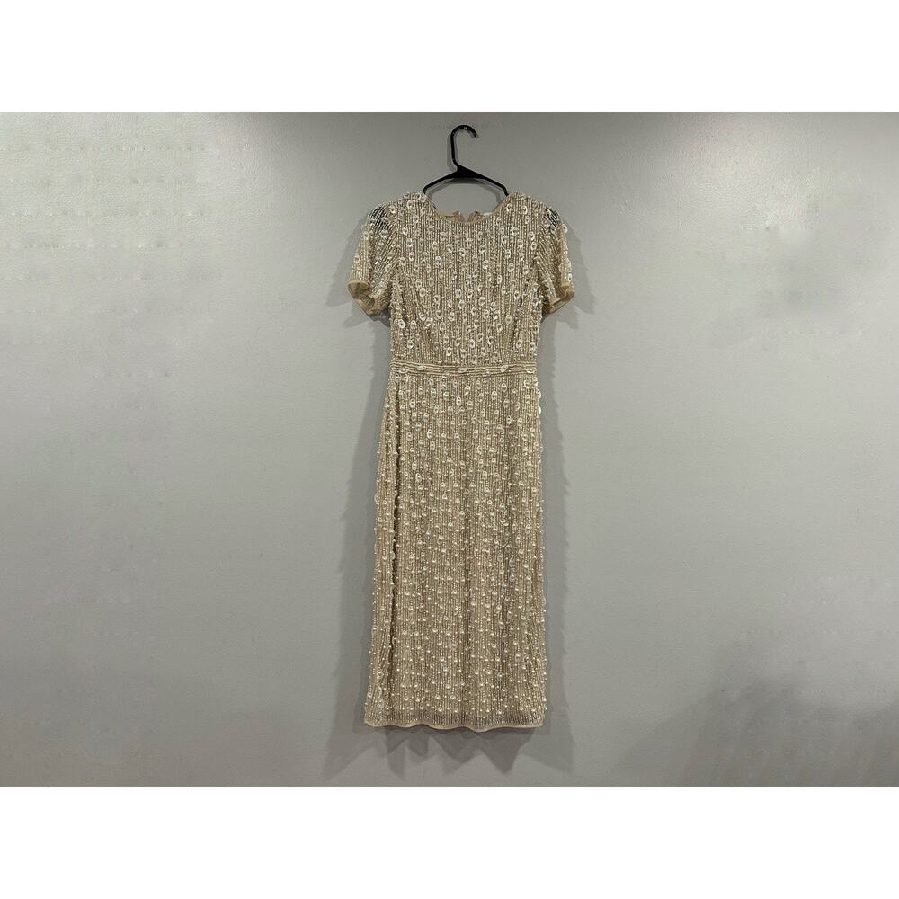 Mac Duggal 93893 Beige High Neck Short Sleeve Embellished Midi Sheath Dress Sz 6 - Picture 2 of 8